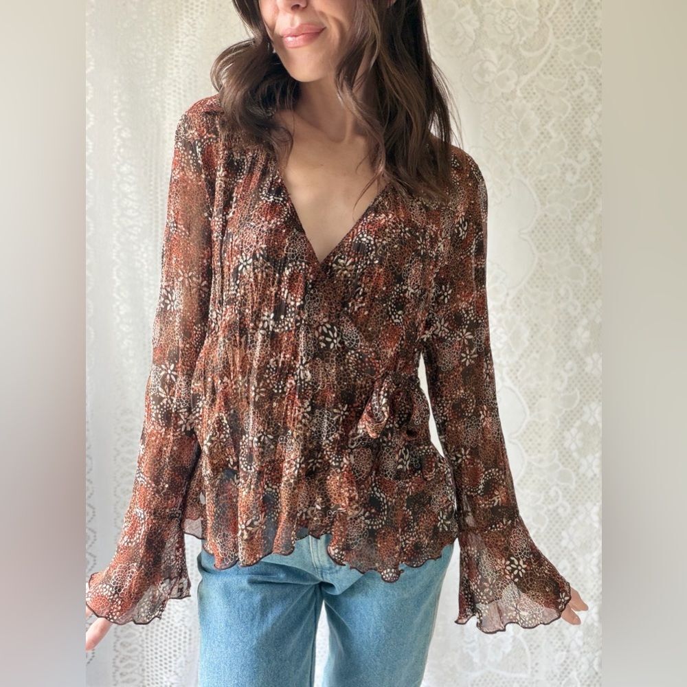 Y2K Brown Floral Wrap Top Adjustable Tie Waist Bell Sleeve Boho